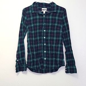 J. Crew Navy and Green Plaid Flannel Button Down